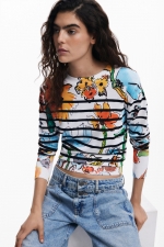 Pulover multicolor cu dungi și flori