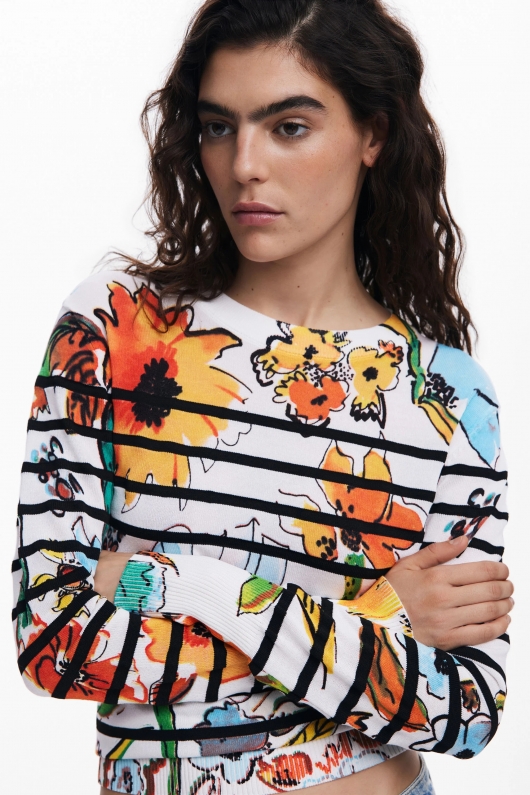 Pulover multicolor cu dungi și flori