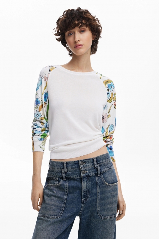 Pulover crem casual cu mâneci florale