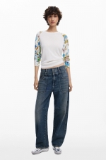 Pulover crem casual cu mâneci florale