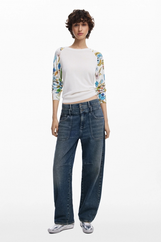 Pulover crem casual cu mâneci florale