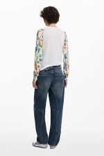 Pulover crem casual cu mâneci florale