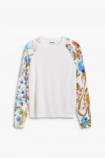 Pulover crem casual cu mâneci florale