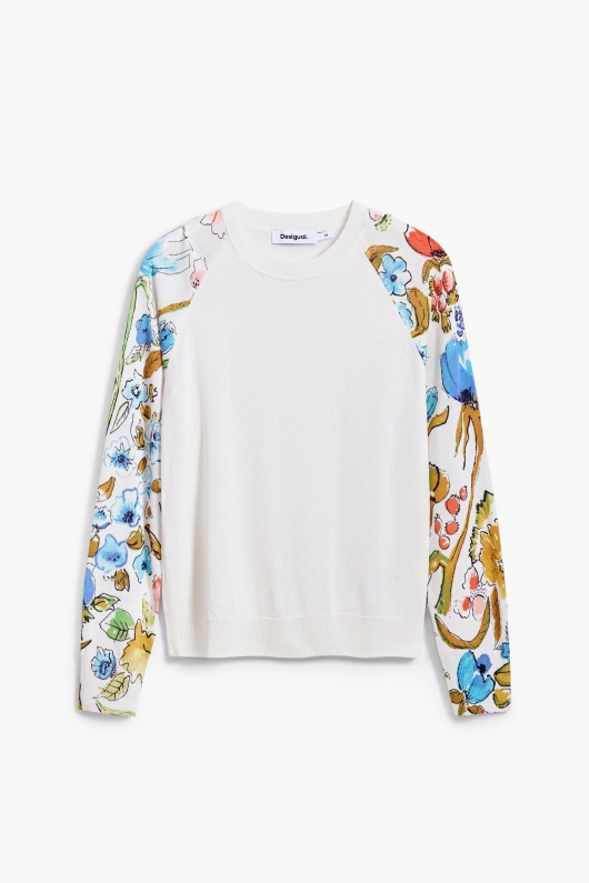 Pulover crem casual cu mâneci florale