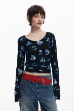 Pulover negru casual cu imprimeu și mâneci lungi
