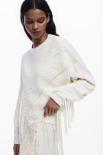 Hanorac crem oversize cu franjuri