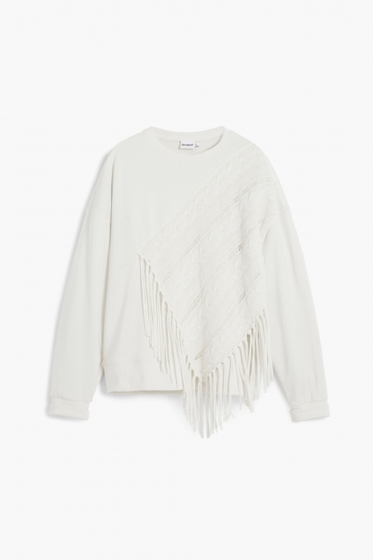 Hanorac crem oversize cu franjuri