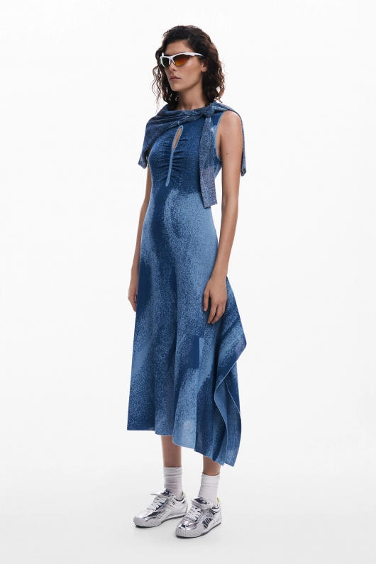 Rochie albastră tricotată asimetrică midi