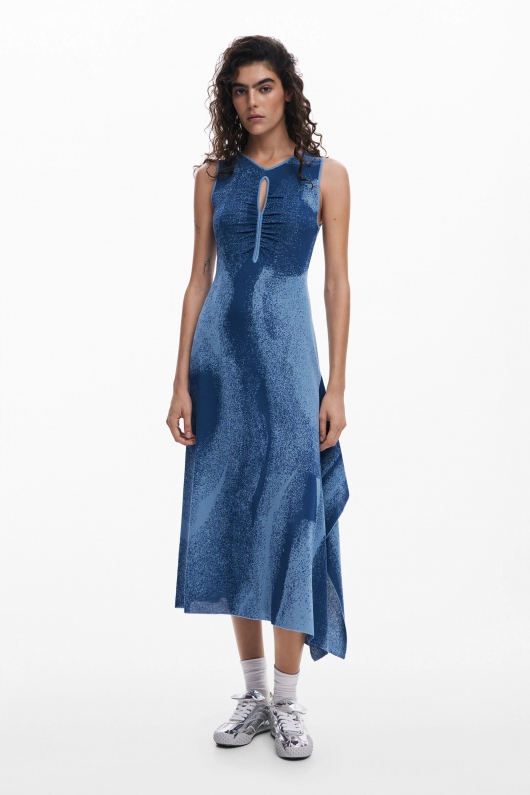 Rochie albastră tricotată asimetrică midi