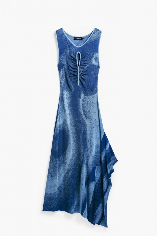 Rochie albastră tricotată asimetrică midi