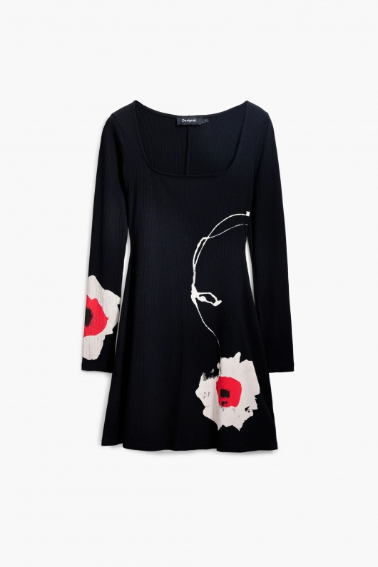 Rochie mini neagră tip cămașă cu flori