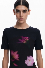 Rochie neagră tip cămașă cu print floral