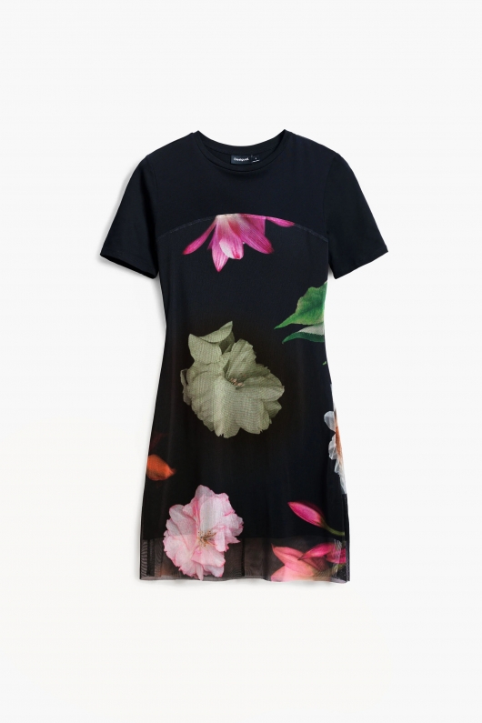 Rochie neagră tip cămașă cu print floral