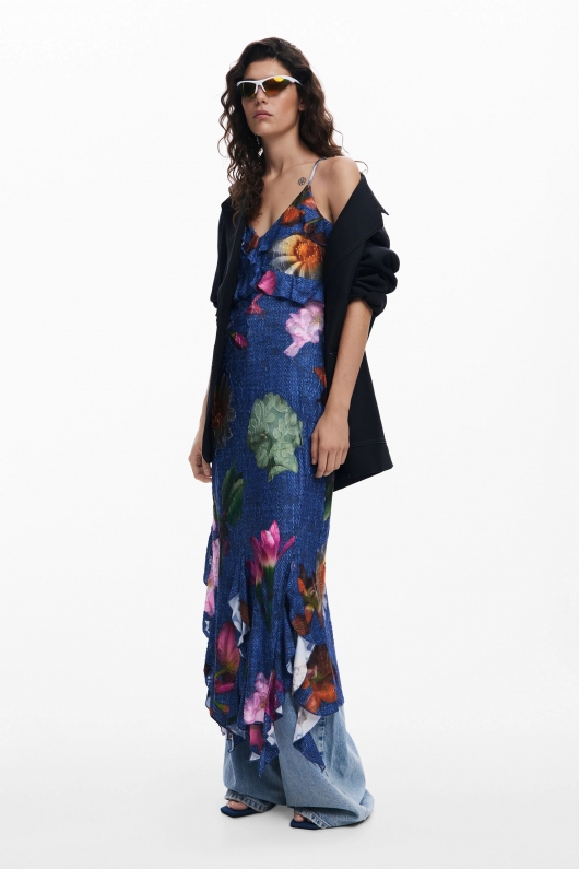 Rochie albastră midi cu imprimeu floral