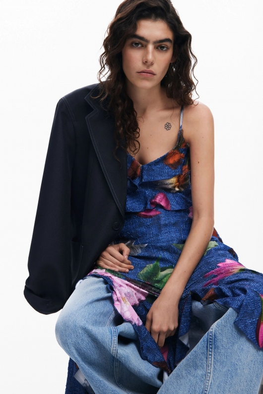 Rochie albastră midi cu imprimeu floral