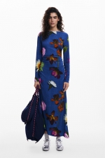 Rochie lungă cămașă cu print floral multicolor
