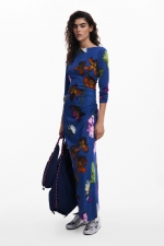 Rochie lungă cămașă cu print floral multicolor