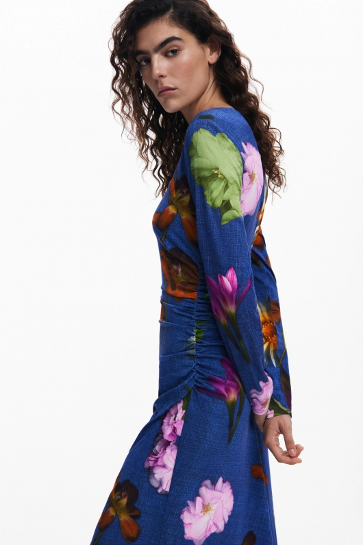 Rochie lungă cămașă cu print floral multicolor
