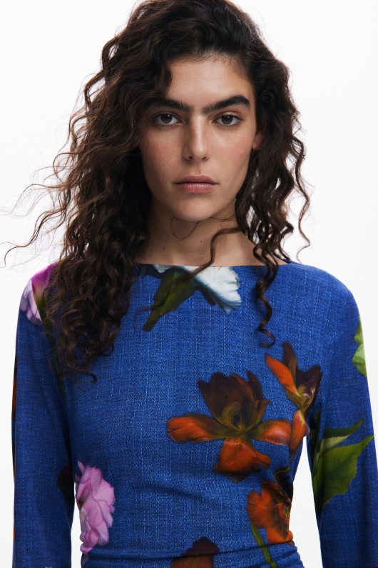 Rochie lungă cămașă cu print floral multicolor