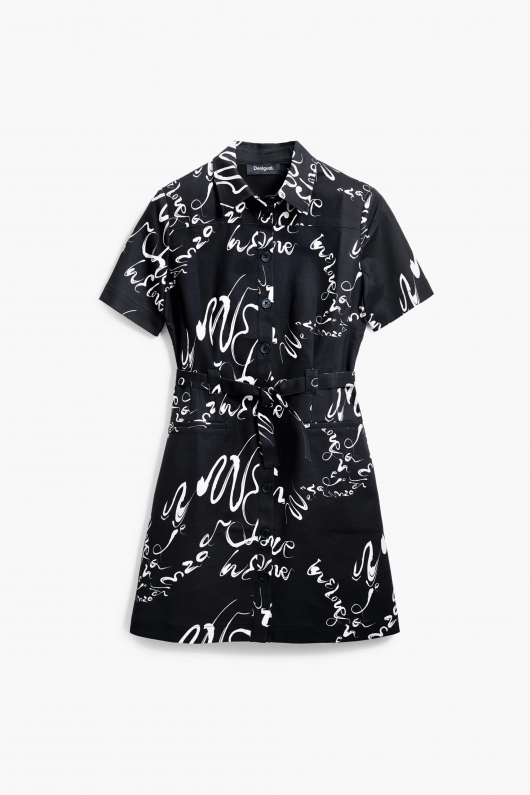 Rochie neagra albă tip cămașă cu mâneci lungi