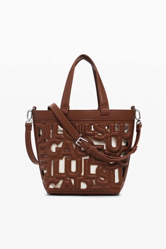 Geantă crossbody maro cu perforații și plic