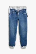 Pantaloni jogger denim albastru cu talie elastică