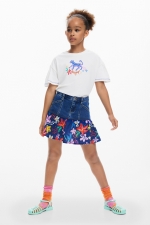 Fustă mini albastră din denim cu volane florale