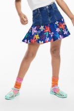 Fustă mini albastră din denim cu volane florale