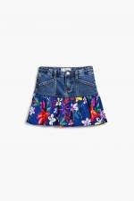Fustă mini albastră din denim cu volane florale
