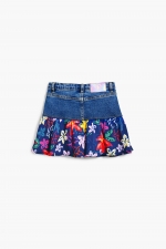 Fustă mini albastră din denim cu volane florale