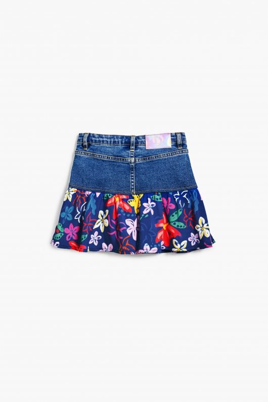 Fustă mini albastră din denim cu volane florale