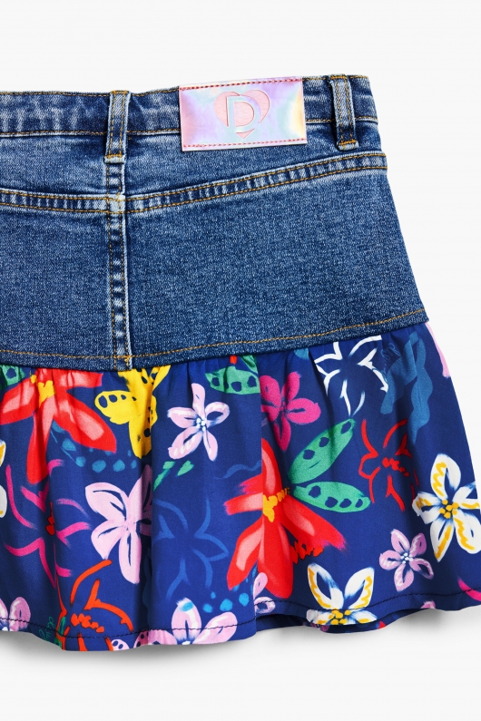 Fustă mini albastră din denim cu volane florale