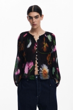 Bluză neagră casual cu imprimeu floral colorat