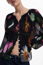 Bluză neagră casual cu imprimeu floral colorat