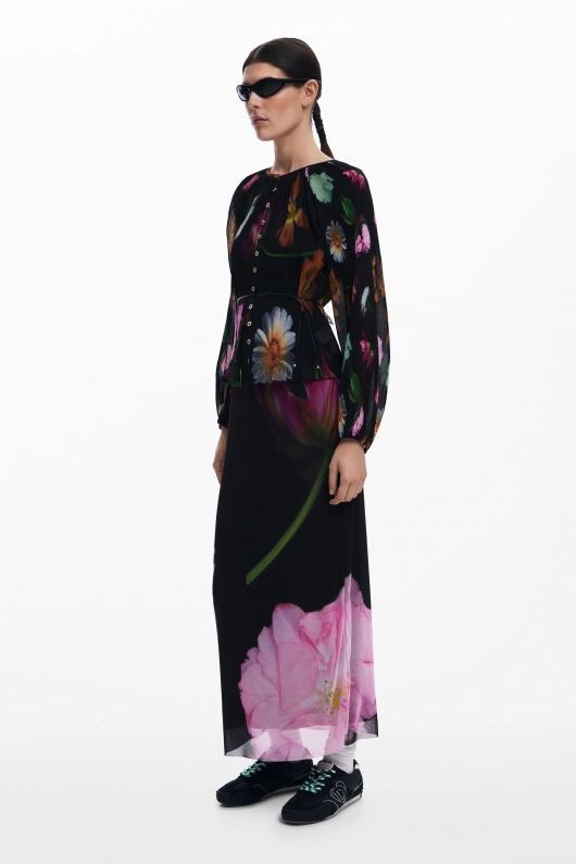 Bluză neagră casual cu imprimeu floral colorat