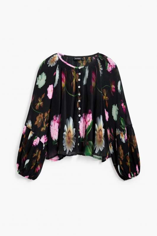Bluză neagră casual cu imprimeu floral colorat