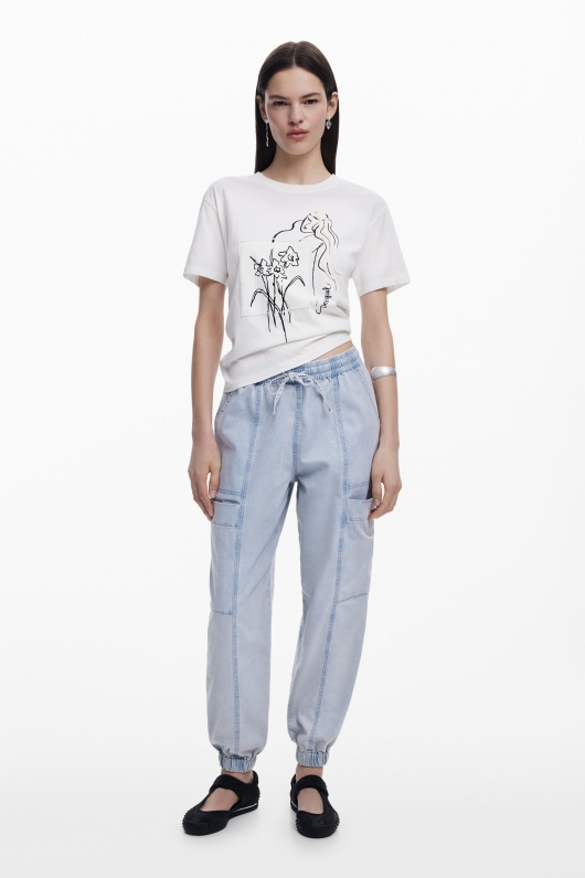 Pantaloni jogger denim albastru cu talie elastică