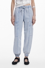 Pantaloni jogger denim albastru cu talie elastică
