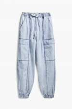 Pantaloni jogger denim albastru cu talie elastică