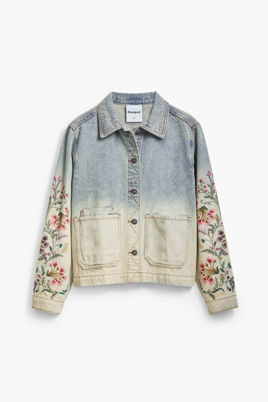 Jachetă denim albastră cu broderie florală