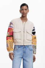 Jachetă bomber bej cu broderie mandala