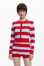 Cardigan lung slim cu dungi alb-negru