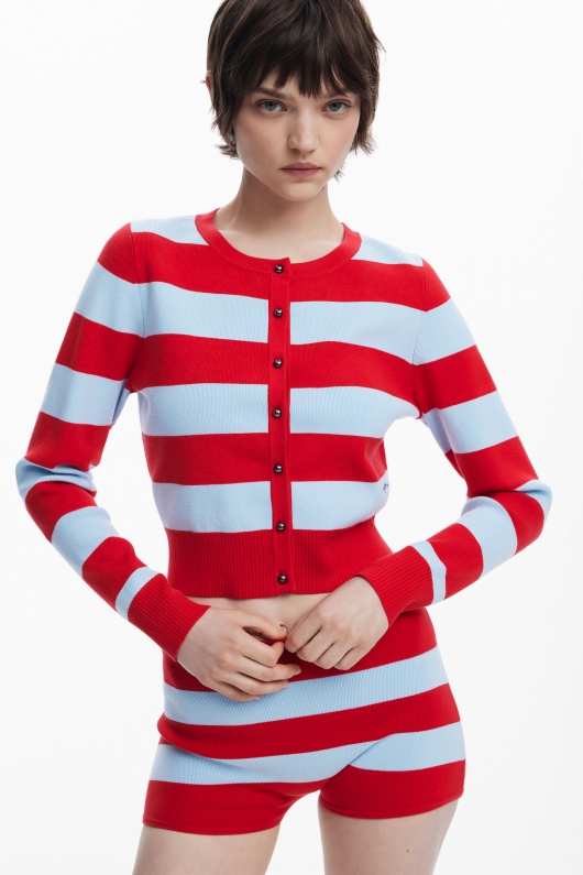 Cardigan lung slim cu dungi alb-negru