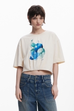 Tricou cropped alb cu imprimeu fructe și tiv bufant