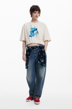 Tricou cropped alb cu imprimeu fructe și tiv bufant