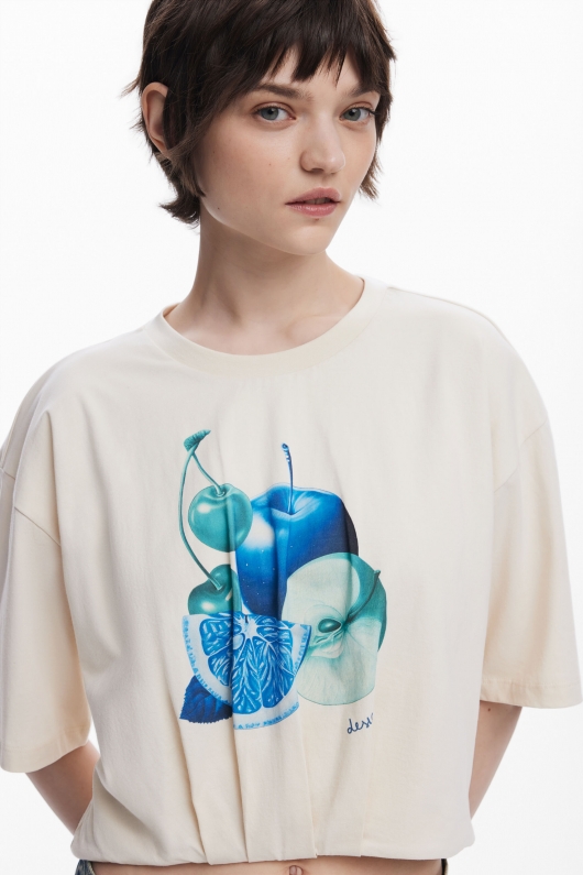 Tricou cropped alb cu imprimeu fructe și tiv bufant
