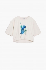 Tricou cropped alb cu imprimeu fructe și tiv bufant