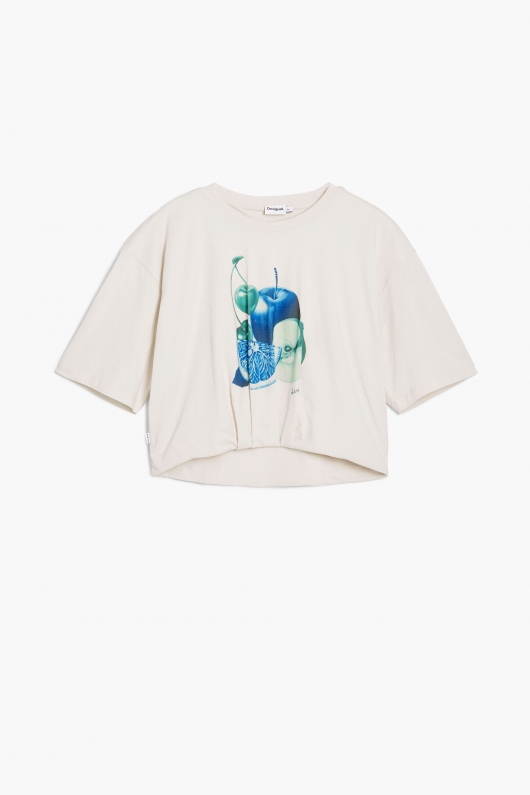 Tricou cropped alb cu imprimeu fructe și tiv bufant