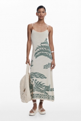 Rochie tricot midi cu model tropical multicolor