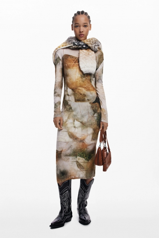 Rochie midi casual cu imprimeu Arty și guler înalt